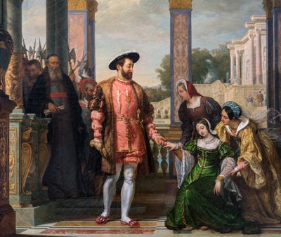 Diane de Poitiers (1499-1566) 恳求她父亲对弗朗西斯一世的恩典 - deatil de “Diane de Poitiers 恳求她父亲对弗朗索瓦一世的恩典”” F.A. Bitter 绘画 - 1828 - 勒芒，德泰斯博物馆 作者 法语学校