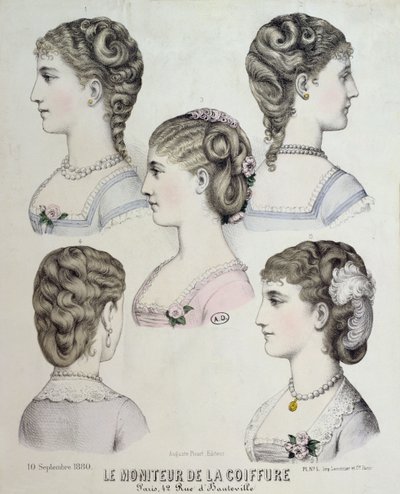 不同的发型，来自Le Moniteur de la Coiffure的盘子，1880年 作者 法语学校