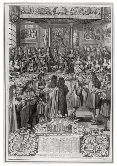 1687年1月30日，路易十四（1638-1715）在Hotel de ville的晚餐，从1688年的日历 作者 法语学校