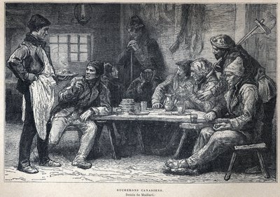 发现加拿大。加拿大伐木工人。马亚尔的绘图。19世纪末的雕刻，载于《新法国》，作者Eugene Guenin。 作者 法语学校