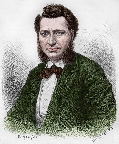 发现加拿大。路易斯-瑞尔（1844-1885）的画像，加拿大政治家和梅蒂斯人的捍卫者。19世纪末在《新法国》中的雕刻，作者是尤金-盖宁。 作者 法语学校