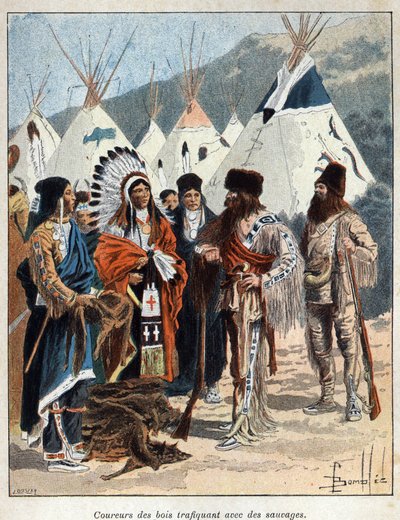 发现加拿大：coureurs de bois，参与了与美洲印第安人的皮毛贸易，在17世纪进行兽皮交易。19世纪末在《新法国》中的版画，作者是尤金-盖宁。 作者 法语学校