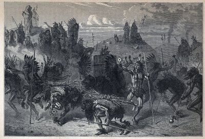 发现的加拿大：蒙丹斯的野牛之舞。19世纪末的雕版画，载于尤金-盖宁的《新法国》。 作者 法语学校