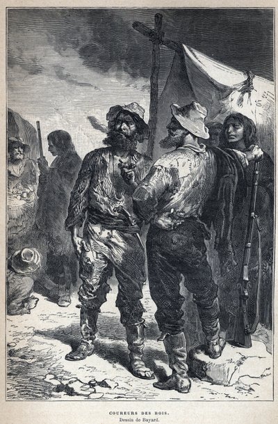 从加拿大发现：coureur des bois（参与与美洲印第安人的毛皮贸易）。巴亚尔画。19世纪末的雕版画，载于尤金-盖宁的《新法国》。 作者 法语学校