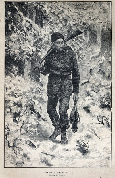 Disouverte du Canada：一个加拿大捕猎者在森林中的画像。19世纪末的雕版画，载于《新法国》，作者是尤金-盖宁。 作者 法语学校