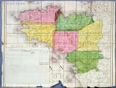 将布列塔尼划分为六个省，约1789-90年（彩色平版印刷）。 作者 法语学校
