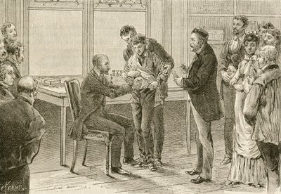 巴斯德医生正在检查感染狂犬病的男孩。 十九世纪（雕刻） 作者 法语学校
