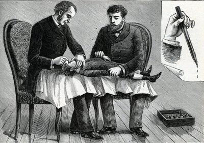 医生检查儿童的眼睛并注射眼药水（雕刻） 1888年 作者 法语学校