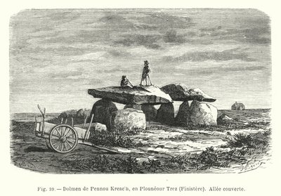 Pennou Kreach的Dolmen, en Plouneour Trez, Finistere, Allee couverte（雕刻）。 作者 法语学校