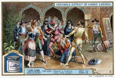 Don Juan: Act I, Scene XX, Don Juan at the masked ball - chromo Liebig 作者 法语学校