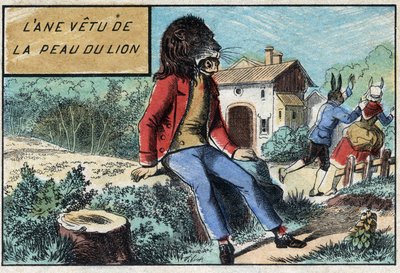 驴子披着狮子的皮。Jean de La Fontaine (1621-95)的寓言。19世纪末的埃皮纳尔影像。 作者 法语学校