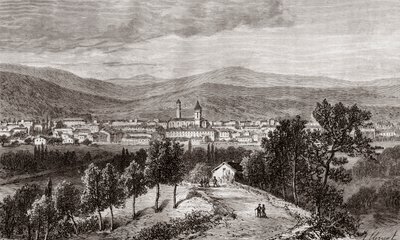 德拉吉尼昂-普罗旺斯-阿尔卑斯-蔚蓝海岸--V.A. Malt-Brown的 "La France illustree: geographie, histoire, administration statistique "中的雕刻，1884。 作者 法语学校