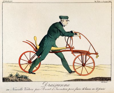 Draisienne，自行车的祖先，1820年（彩色雕刻） 作者 法语学校