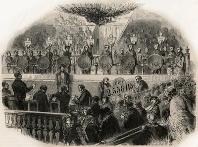 19世纪中叶在香榭丽舍大街（Champs Elysees）马戏团大厅举行的金锭抽奖活动--Edmond Texier 1852年在 "Tableau-de-Paris "的版画。 作者 法语学校