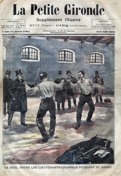 德雷福斯事件：乔治-皮夸特中校（1854-1914）和休伯特-亨利（1846-1898）在巴黎军事学校的决斗。1898年3月《小吉伦特》的封面（雕刻）。 作者 法语学校