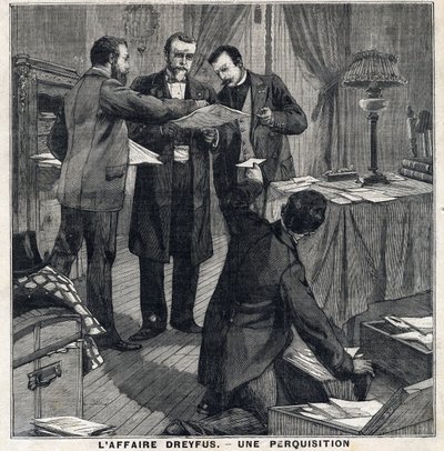德雷福斯案。三名便衣人员和一名警察局长对乔治-皮夸特（1854-1914）的家进行了搜查。在1897年12月5日的 "Le Peute Parisien "上。私人收藏 作者 法语学校