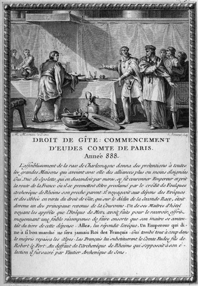 Droit de Gite，巴黎伯爵Eudes的开端，888年。国王盖伊(Gui)三世，斯波莱特公爵(卒于894年)被梅兹的伊夫克(Eveque)根据山寨权(赋予领主的封建权利，当他迁入时，他有权被他的人民打入山寨。 作者 法语学校