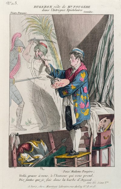 Dugazon在画家的角色，Fougère，在Intrigue Epistolaire，于1799年在巴黎ThéâtreFrançais制作（彩色版画） 作者 法语学校