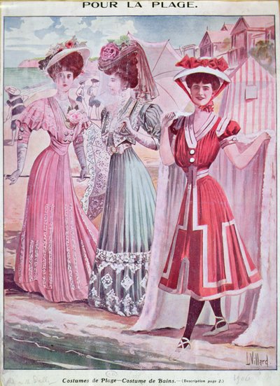 二十世纪初的海滩和浴场服装，约1906年（彩色平版印刷）。 作者 法语学校
