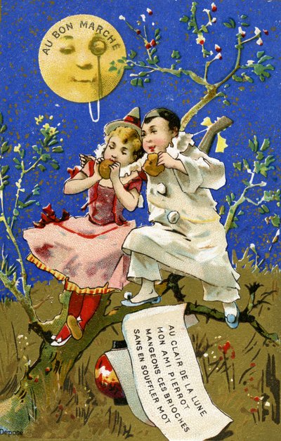 在月亮的光线下吃奶油蛋卷，这是1890年巴黎BonMarché百货商店的促销卡片 作者 法语学校