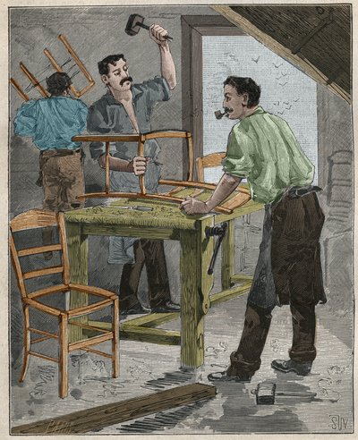 Ebenisterie：19世纪法国的椅子组装。1885年阿道夫-比塔尔（Adolphe BITARD）在 "Les arts et metiers illustrstres "中的版画。 作者 法语学校