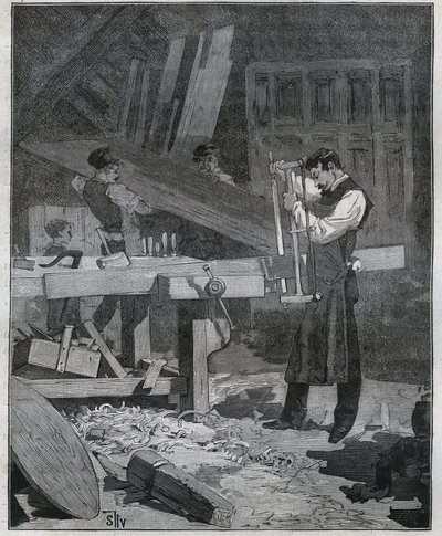 Ebenisterie：Ebenist工人在既定的位置分割一块木板。1885年阿道夫-比塔尔在 "艺术与测量图解 "中的版画。 作者 法语学校