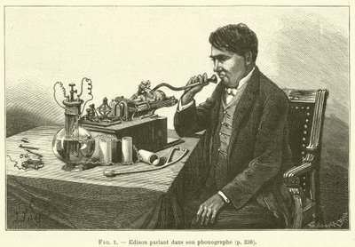 Edison parlant dans son phonographe (engraving) 作者 法语学校