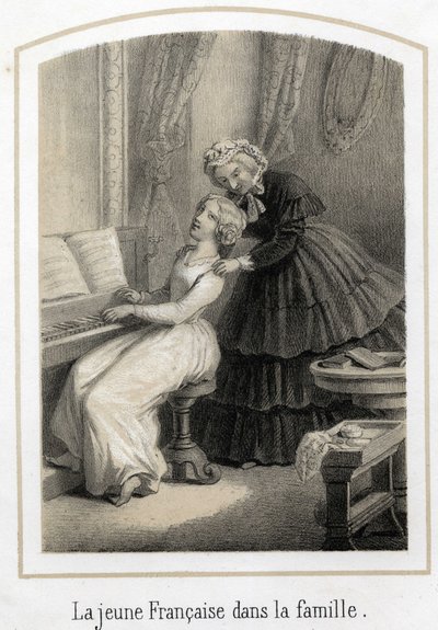 Education for young girls of good families: a young French woman sitting on the piano is taken over by her housekeeper. Anonymous engraving of the 19th century 作者 法语学校