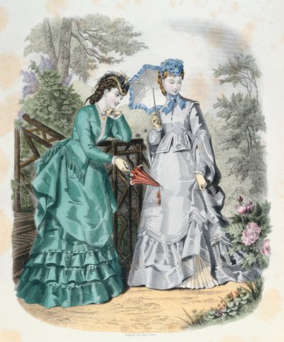 优雅的女性在花园里，来自LaModeIllustrée，1871年 作者 法语学校
