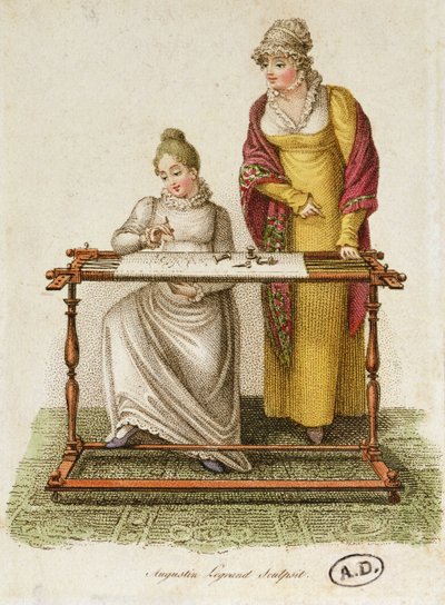 刺绣，c.1810-20（彩色雕刻） 作者 法语学校
