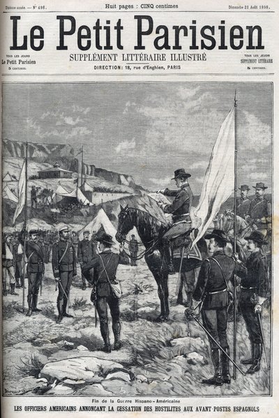 1898年美西战争（American Hispano）的结束。美国军官宣布停止在西班牙前哨的敌对行动。1898年 "小巴黎 "上的版画。 作者 法语学校