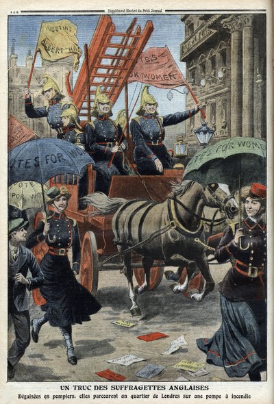 装扮成消防员的英国女权运动者，来自《小报》，1910年4月3日（雕刻）。 作者 法语学校