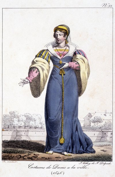 雕刻，1545年左右镇上的女士服装。 作者 French School