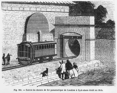 从伦敦到西德纳姆的气动铁路的入口，建于 1865 年 - 在 L. Figuier 的“科学奇迹”中。 ¿ 作者 法语学校