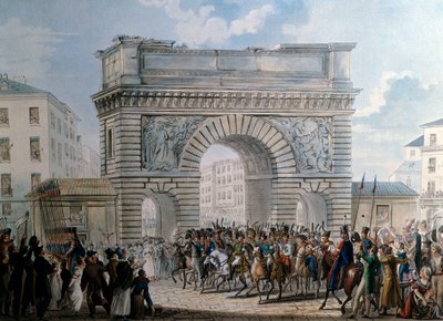 1814年3月31日，圣马丁门前的盟军进入巴黎，国王路易十八（1755-1824）阅兵。1814年的印刷品。巴黎，卡纳瓦莱博物馆 作者 法语学校