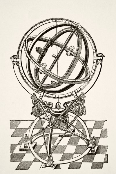 赤道环或圆，根据 1602 年《Tychonis Brahe Astronomiae Instauratae Mechanica》一书的铜版画，来自 Paul Lacroix 酒吧出版的《中世纪科学与文学》。 伦敦 1878 作者 法语学校