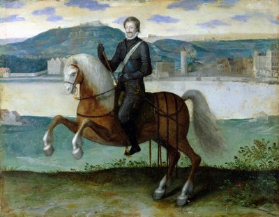 亨利四世（1553-1610）法国国王的骑马肖像，在巴黎的墙壁之前，1594年 作者 法语学校