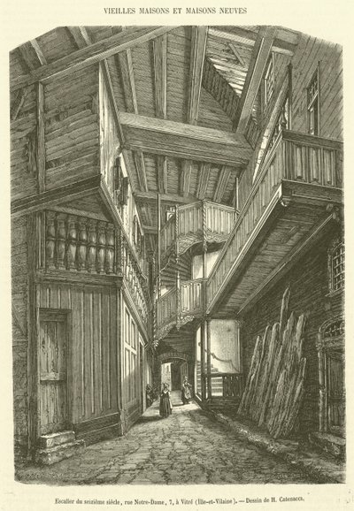 16 世纪的楼梯，巴黎圣母院街 7 号，一座 Vitre，Ille-et-Vilaine（雕刻） 作者 法语学校