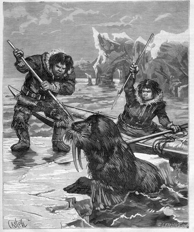 爱斯基摩人--捕捞海象--爱斯基摩人--1888年捕捞海象--《航海日志》中的版画 1888年 作者 法语学校