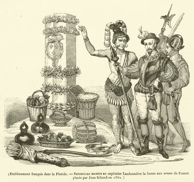 Etablissement francais dans la Floride, Satouriona montre au capitaine Laudonniere la borne aux armes de France placee par Jean Ribaud en 1562 (engraving) 作者 法语学校