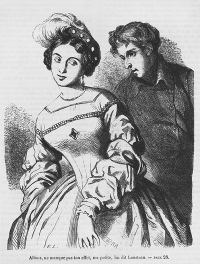 Etienne Lousteau与女演员交谈，来自Honore de Balzac的&39;Les Illusions perdues&39;插图 作者 法语学校