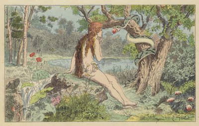 被蛇诱惑的夏娃（彩色平版画 作者 法语学校