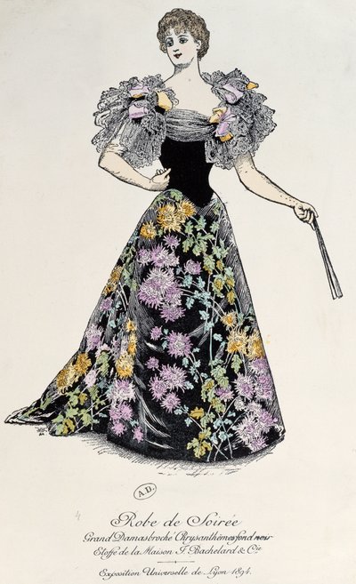 在锦缎的晚礼服与在黑背景的菊花锦，1894年 作者 法语学校