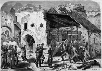 远征墨西哥（1861-1867年）--围攻普埃布拉--1863年：法国军队对一个框架（一幢房屋）的攻击。进入城内后，法国士兵不得不逐个街区作战。在《世界报》上的雕刻 作者 法语学校