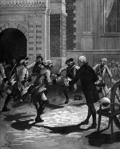 Abbe Jean Antoine Nollet（让-安托万）（1700-1770）的莱顿瓶的经验，法国物理学家在凡尔赛宫，180个卫兵同时被击中.1746。 作者 法语学校