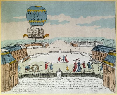 1783年9月19日在Montgolfier兄弟的凡尔赛宫进行实验，乘坐一只公鸡，一只鸭子和一只绵羊的Montgolfiere热气球飞行 作者 法语学校