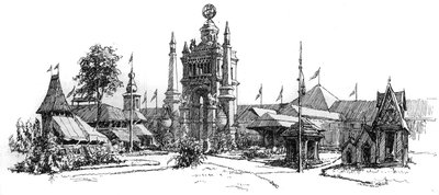 1885年在安特卫普（比利时）举行的世界博览会：展览大楼的景色。1885年8月22日，《世界画报》上的雕刻。 作者 法语学校