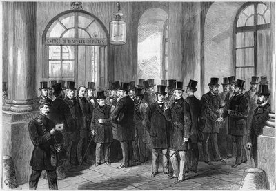 延长马克-马洪（Mac Mahon）马雷切尔的总统任期，在法国建立七人制，1873年11月：凡尔赛议会的入口处，讨论休会的那天的景象。从左至右 作者 法语学校