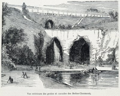 Buttes Chaumont 小瀑布和洞穴的外观，雕刻 19 世纪 作者 法语学校