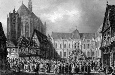 Exterior view of the courthouse. In “Notre Dame de Paris” by Victor Hugo, engraving from 1844. 作者 法语学校